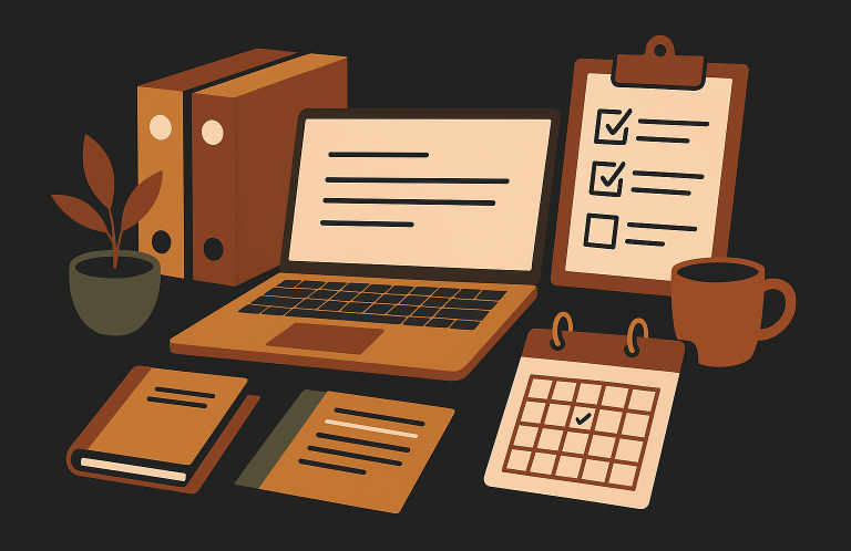 Darstellung Fachbereich Planung: Laptop, Ordner, Tasse etc. im Vulpes Vision Stil