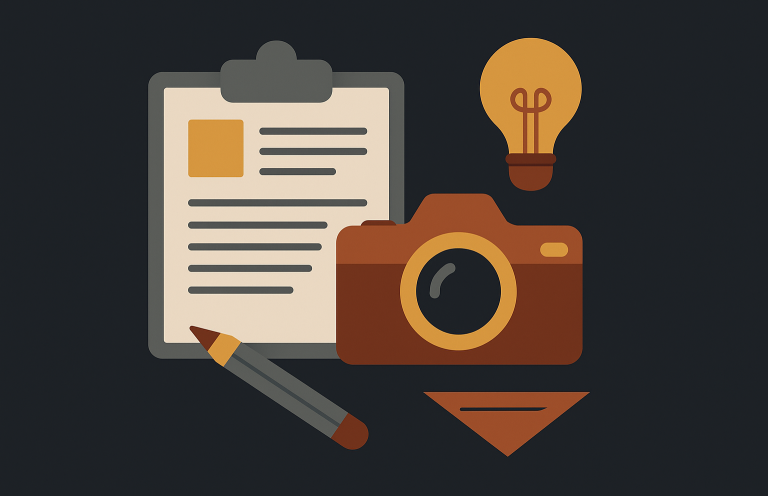 Darstellung Fachbereich Konzept: Stift und Notizen mit Kamera etc. im Vulpes Vision Stil