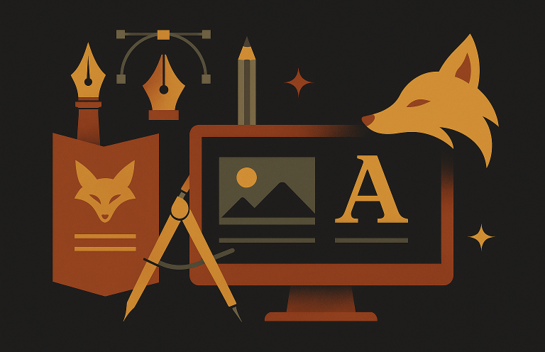 Darstellung Fachbereich Gestaltung: PC, Zirkel, Fuchs und Wolfsicon etc. im Vulpes Vision Stil